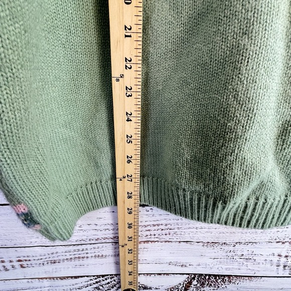 Vintage Sweater L Green Mockneck Long Twee Flowers Bows Fuzzy Embroidered Granny - Picture 7 of 8